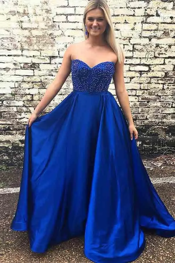 A-Line Sweetheart Navy Blue Satin Prom Dress with Beading  PG573