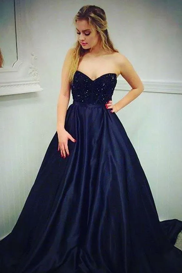 A-Line Sweetheart Navy Blue Satin Prom Dress with Beading  PG573