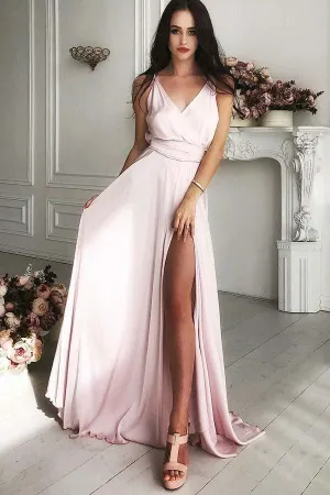 A-Line V-Neck Sweep Train Pink Satin Prom Dress with Split PG657