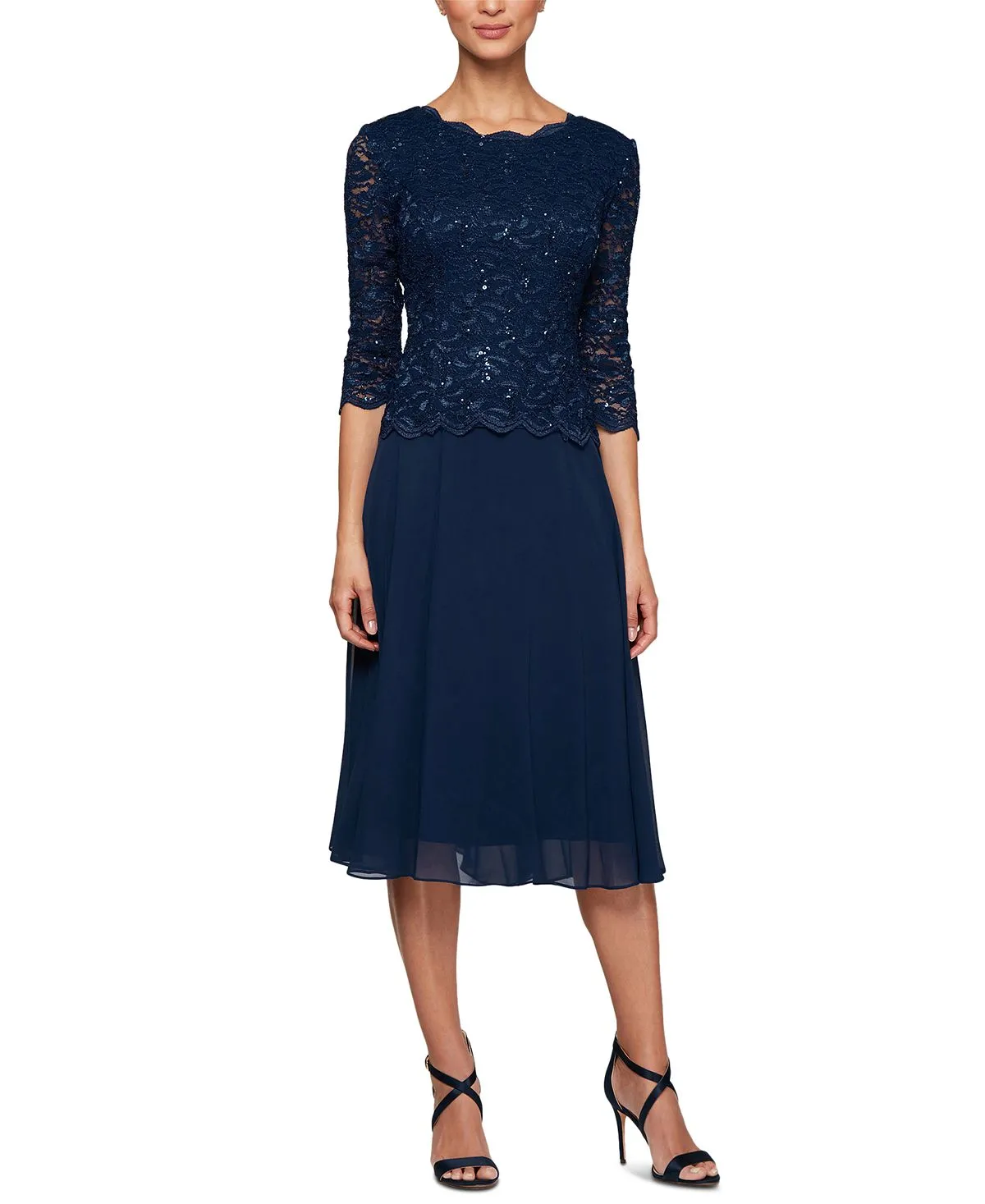 Alex Evenings Contrast Lace Sequin Dress, Blue