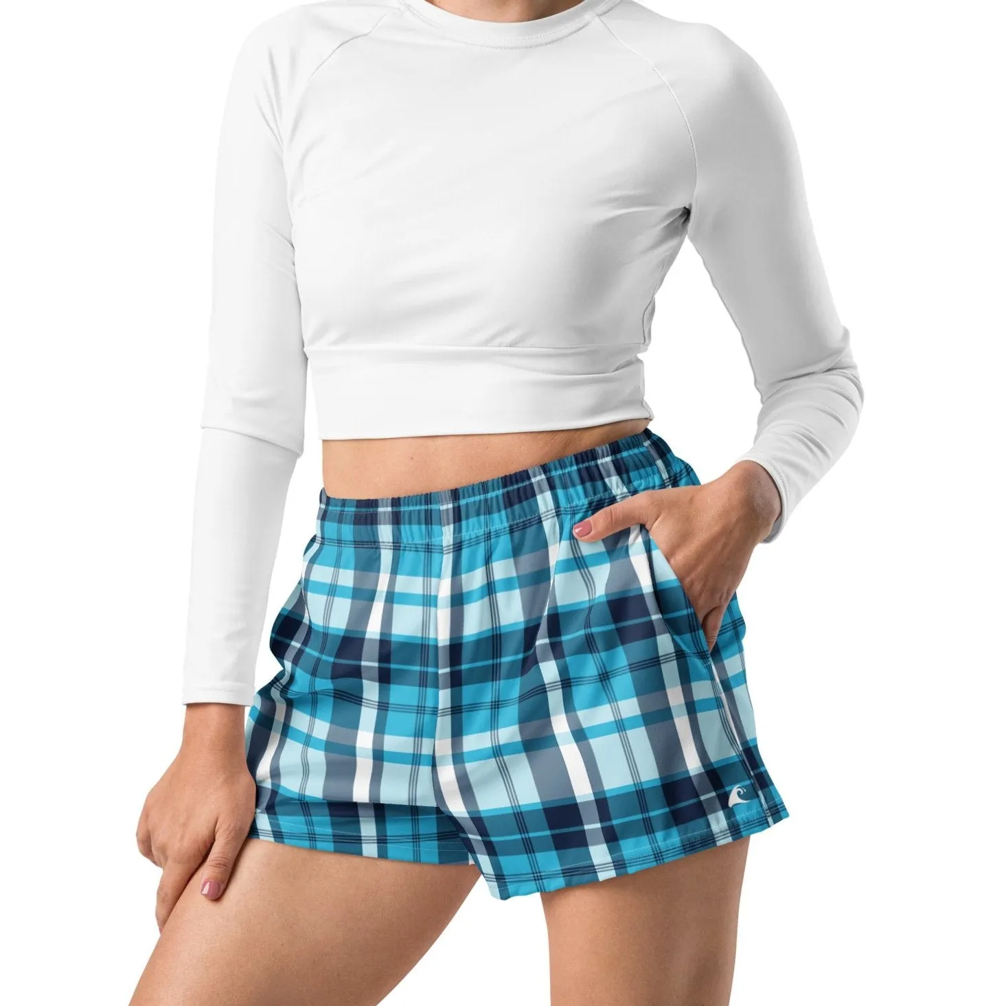 Aqua and Navy Blue Preppy Plaid Women's Athletic Swim Shorts