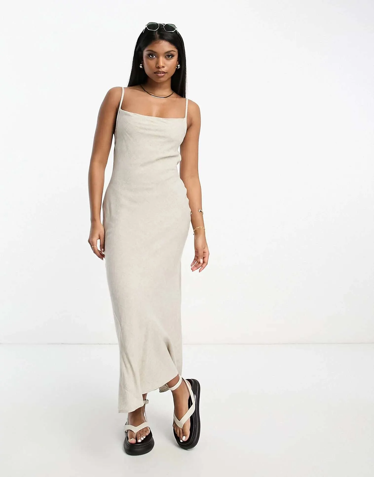 ASOS Linen Maxi Sundress with Hood and Draped Back in Natural