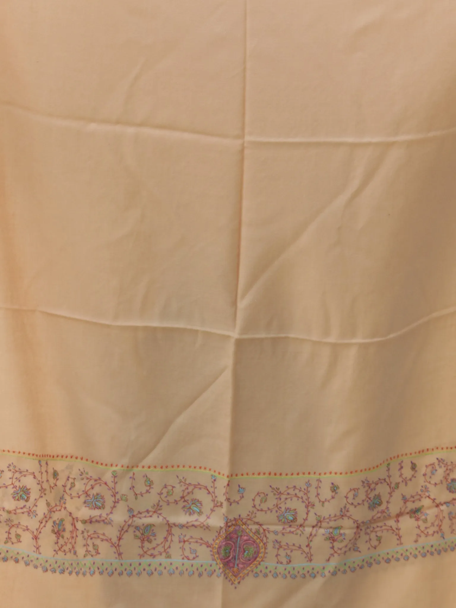 Beige Needle Embroidered Cashmere Fine Wool Kashmiri Stole - S200605