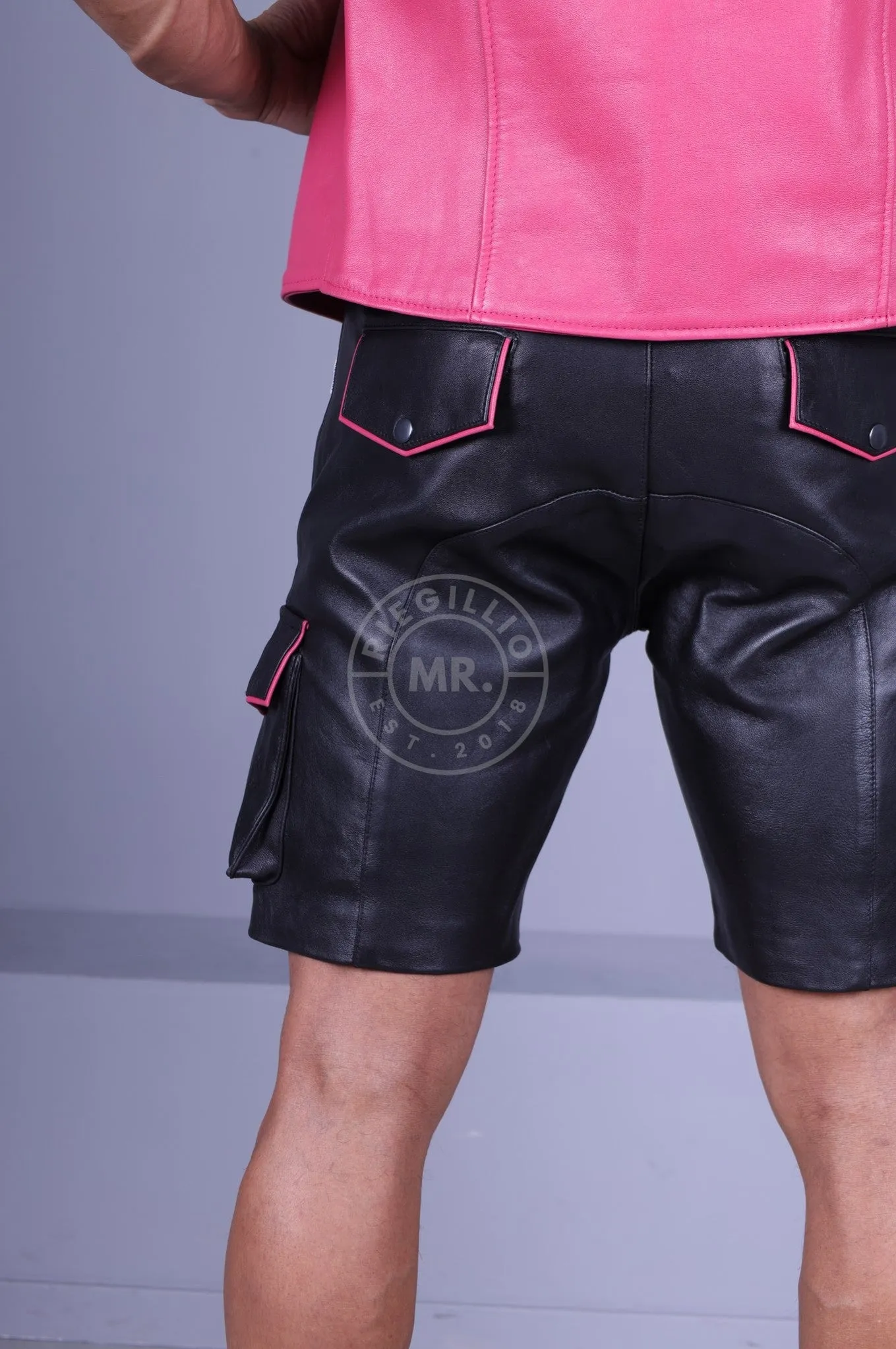 Black Leather Cargo Short - Pink Piping