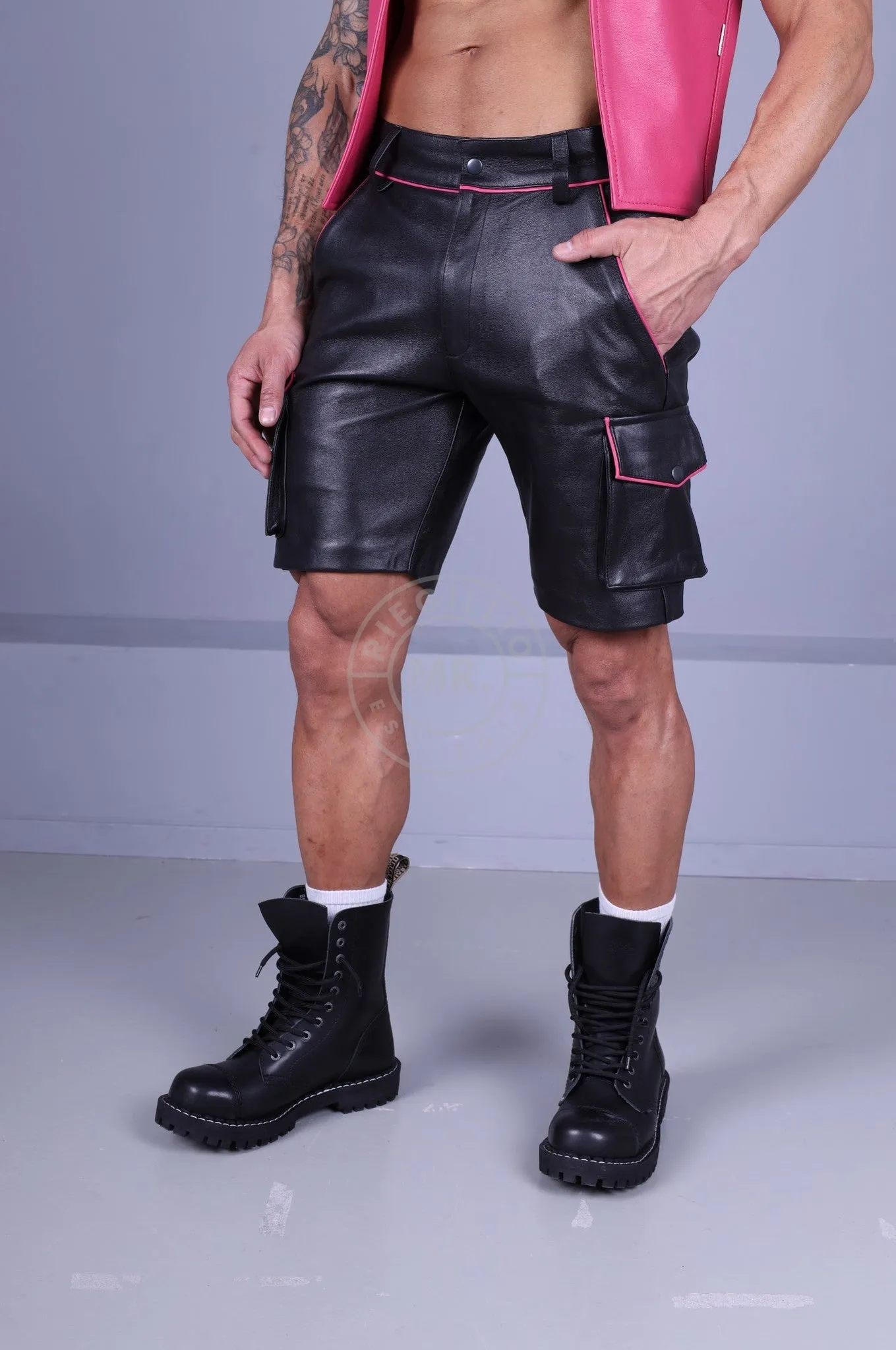 Black Leather Cargo Short - Pink Piping