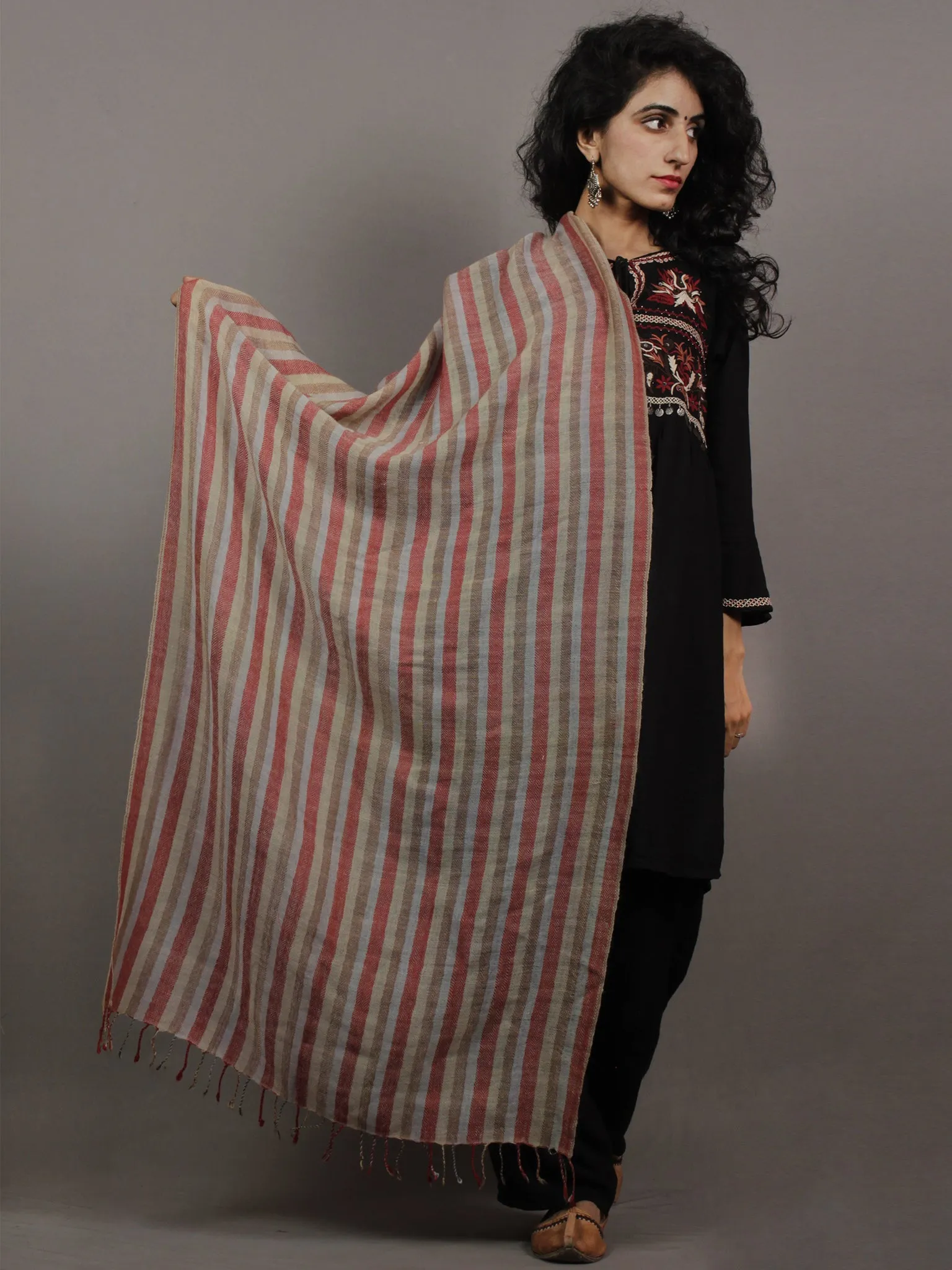 Brown Beige Brick Red Striped Cashmere Fine Woolen Stole - S6317195