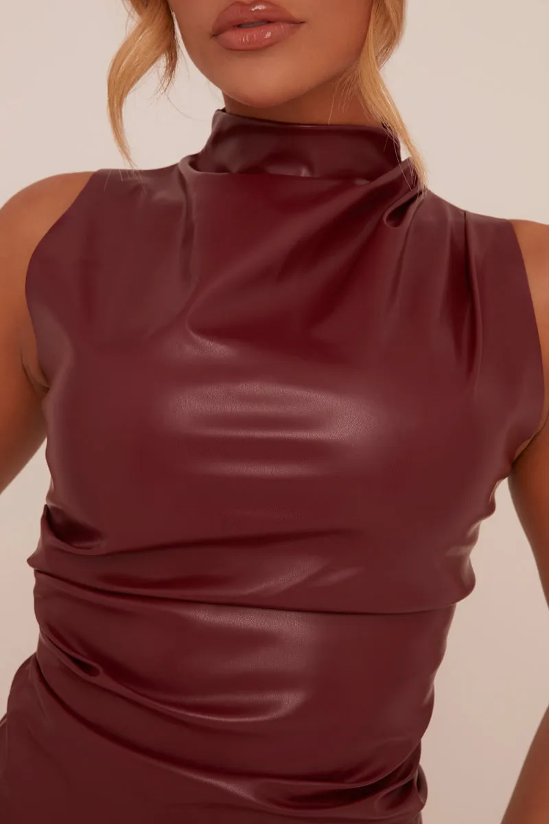 Burgundy Faux Leather Ruched Top - Danica