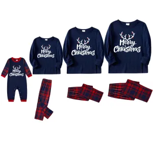 Christmas Antlers and Merry Christmas Print Blue Long Sleeve Top with Red & Blue Plaid Family Matching Pajamas