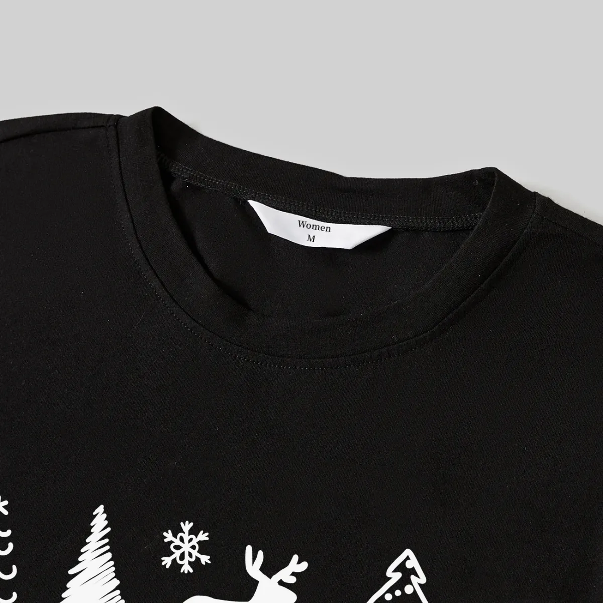 Christmas Tree and Elk Print Black Long Sleeve Top with Blue & Black Plaid Family Matching Pajamas