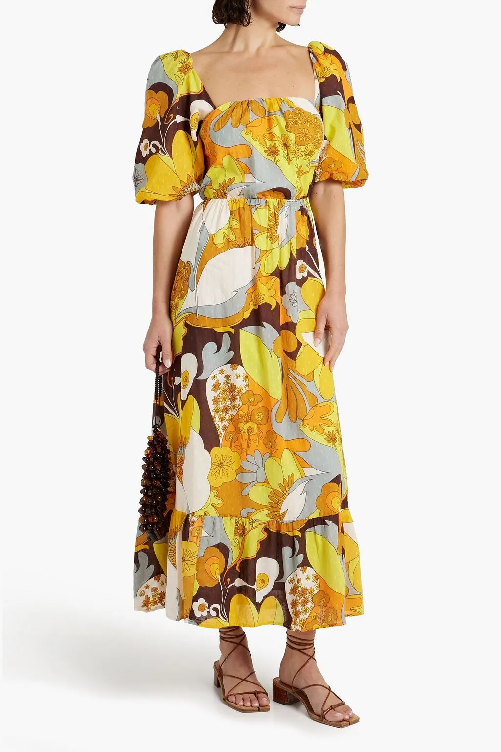 Cotton maxi fil coupe dress with Bahia ANTIK BATIK print, yellow