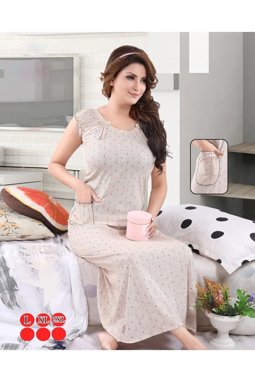 Cotton Printed Long Nighty for Women Light Brown