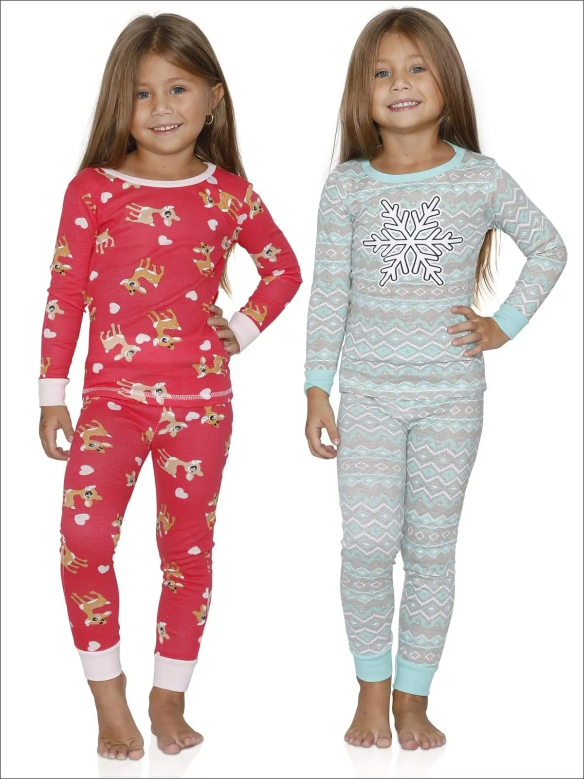 Cozy Couture Girls' 4 Piece Reindeer with Hearts And Snow Flake Cotton Pajamas