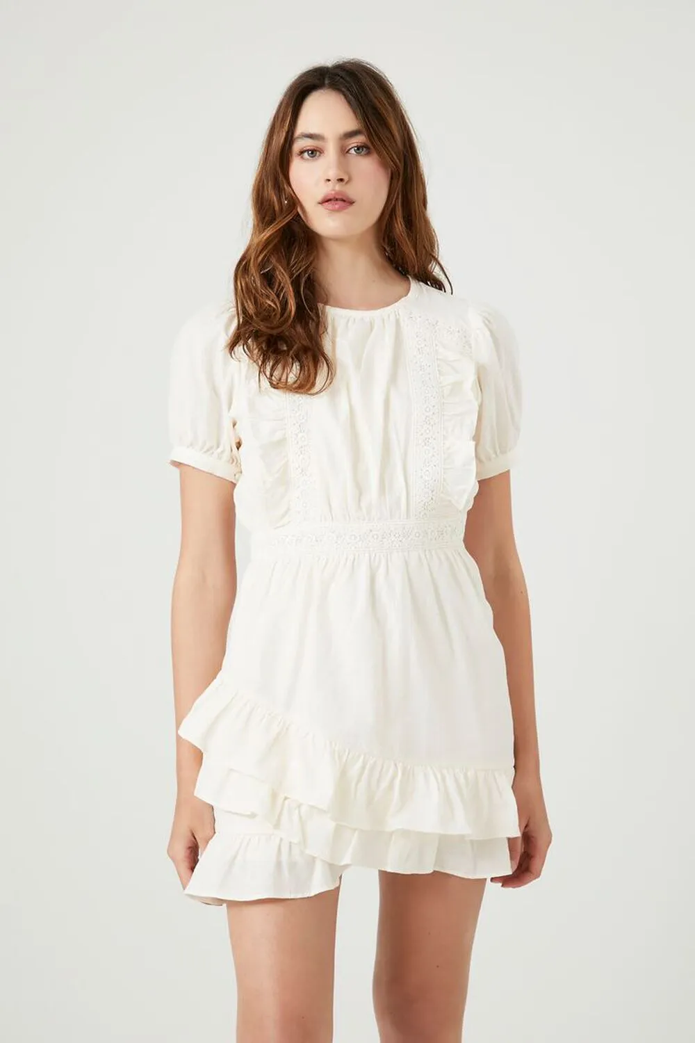 Crochet lace ruffle mini dress Forever 21, white