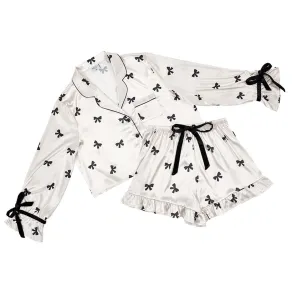 Cropped PJ Set   Velvet Ties - Ivory/Black Bows