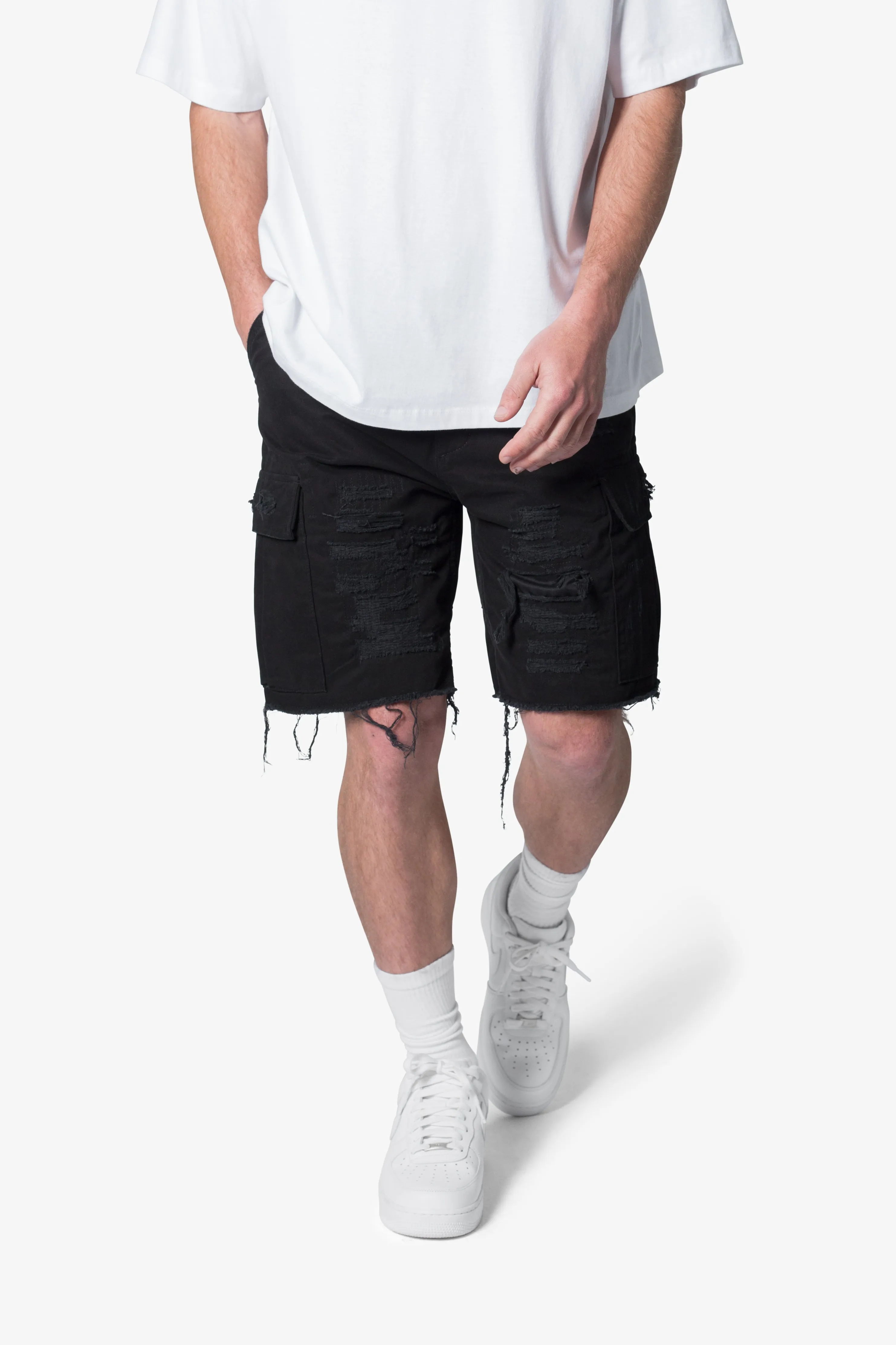 Distressed Cargo Shorts - Washed Black