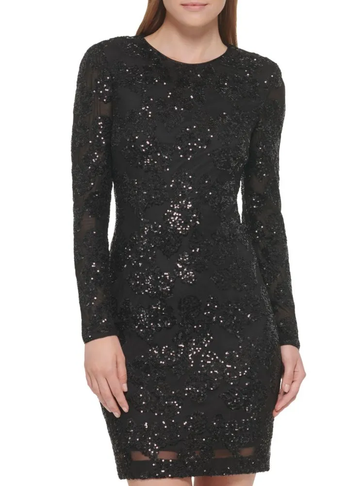 Eliza J Long Sleeve Sequin Bodycon Dress, Black