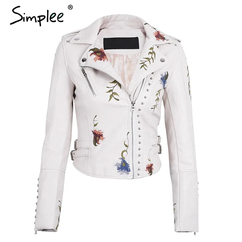 Embroidered Floral Faux Leather Jacket Outerwear