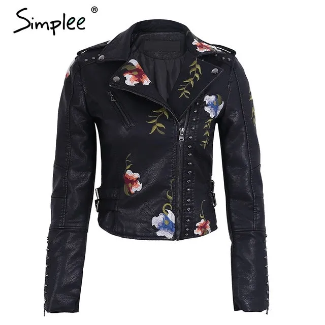 Embroidered Floral Faux Leather Jacket Outerwear