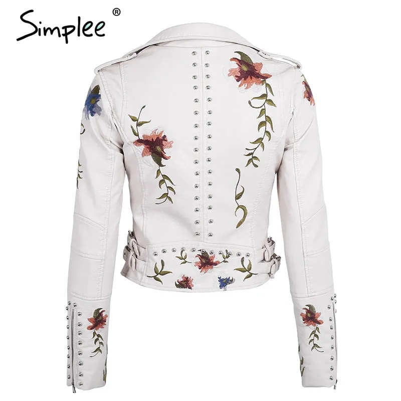 Embroidered Floral Faux Leather Jacket Outerwear