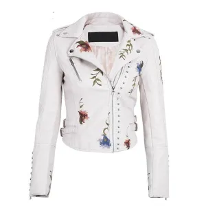 Embroidered Floral Faux Leather Jacket Outerwear