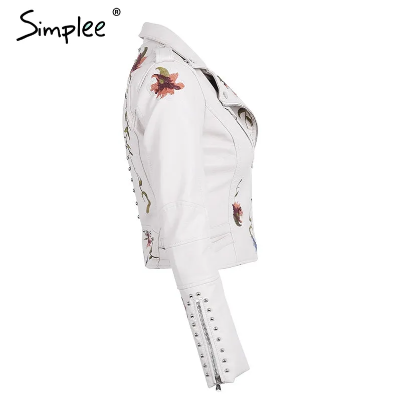 Embroidered Floral Faux Leather Jacket Outerwear