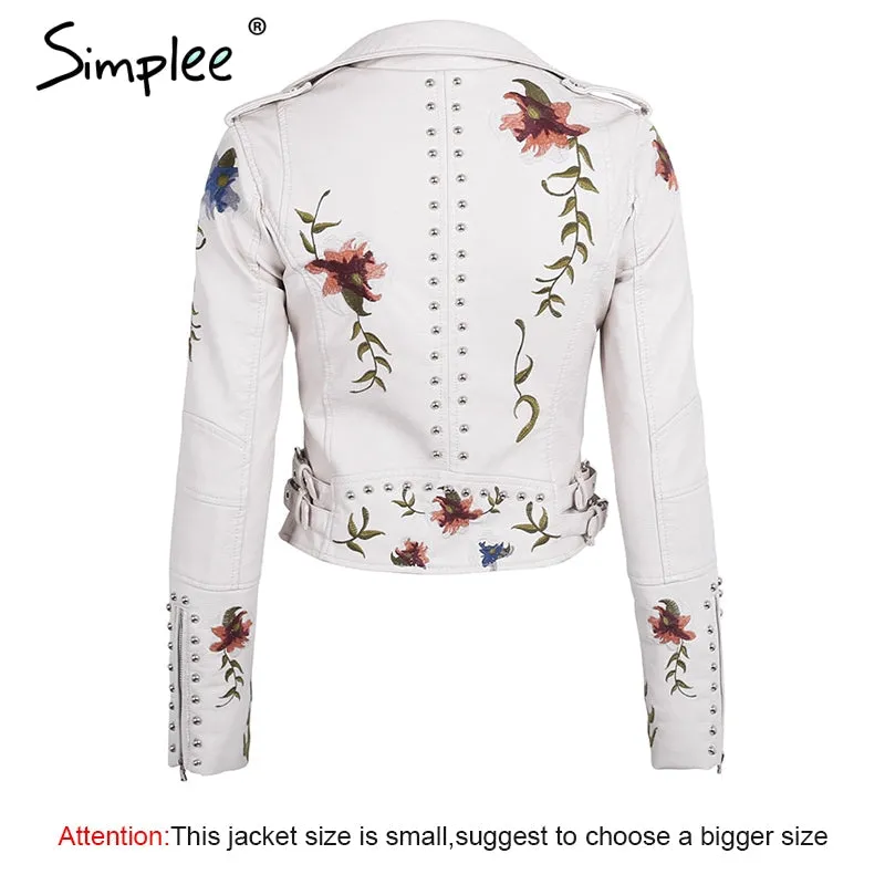 Embroidered Floral Faux Leather Jacket Outerwear