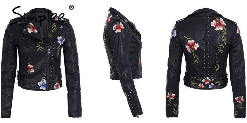 Embroidered Floral Faux Leather Jacket Outerwear