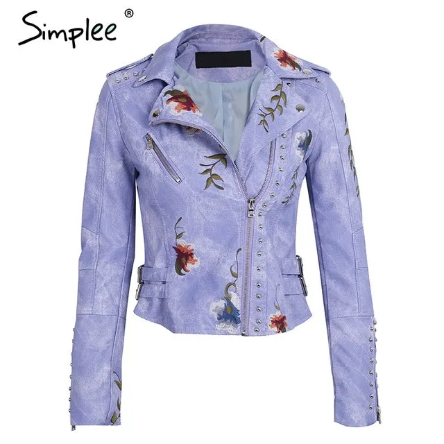 Embroidered Floral Faux Leather Jacket Outerwear