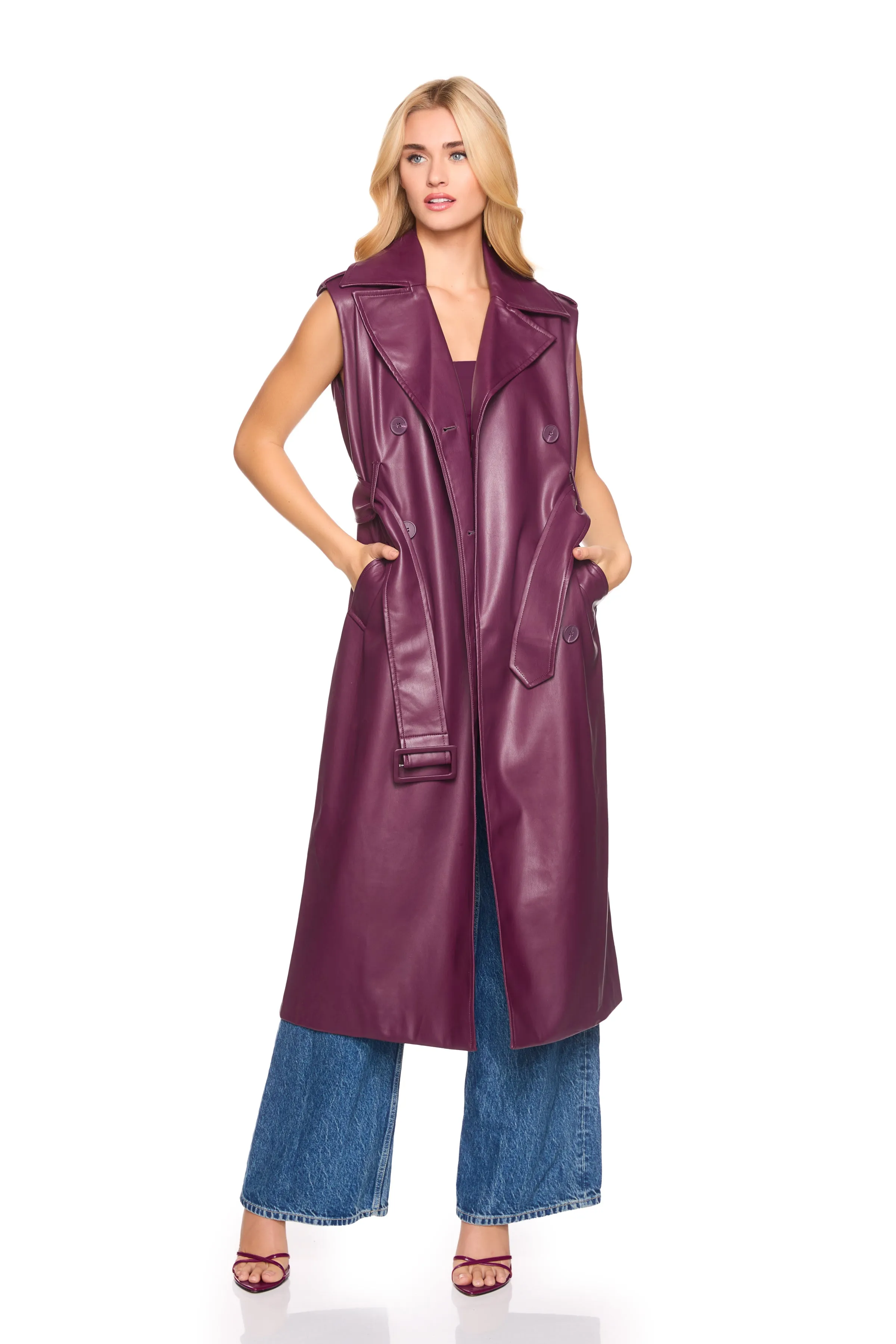 faux leather sleeveless trench