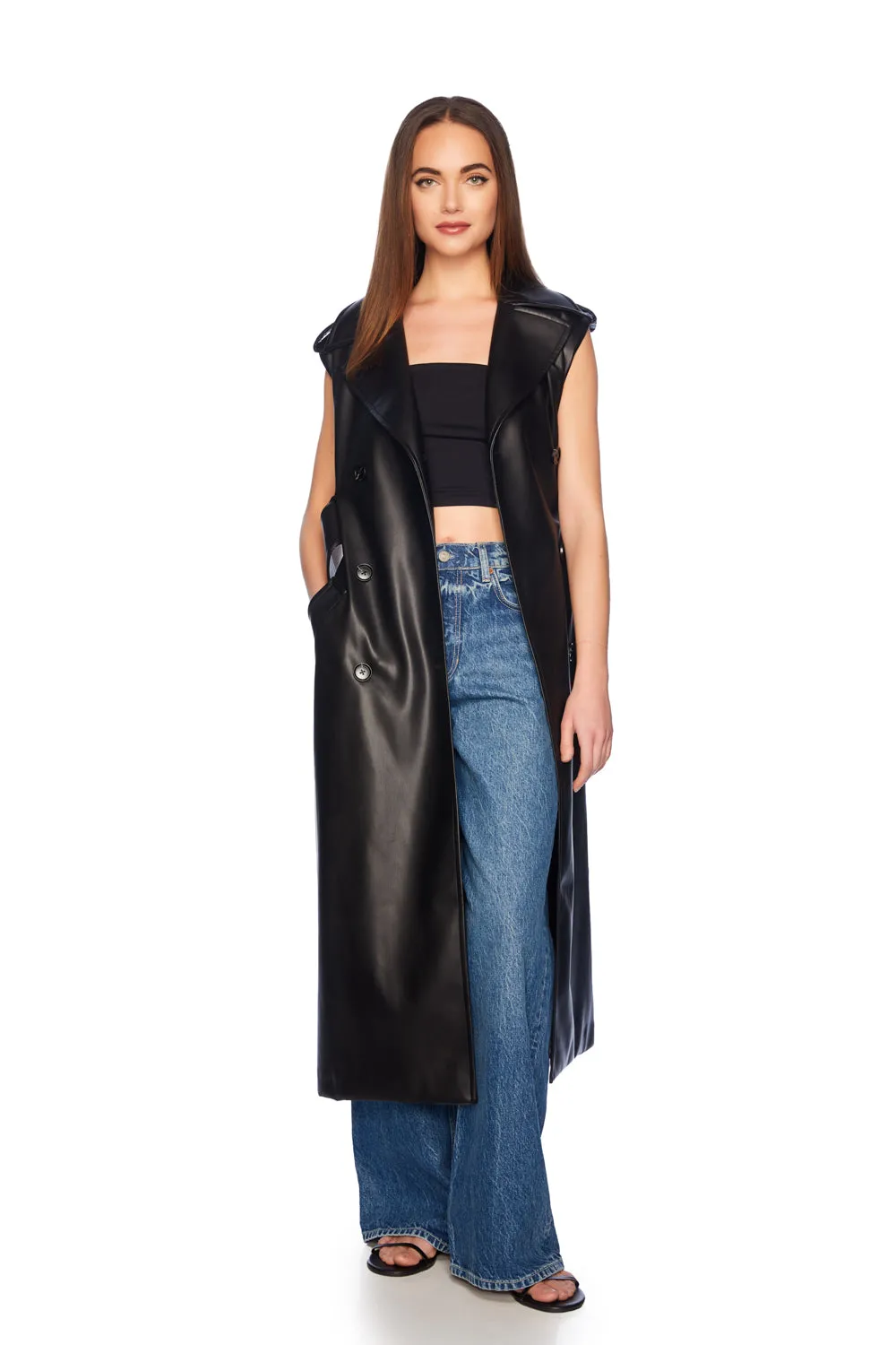 faux leather sleeveless trench