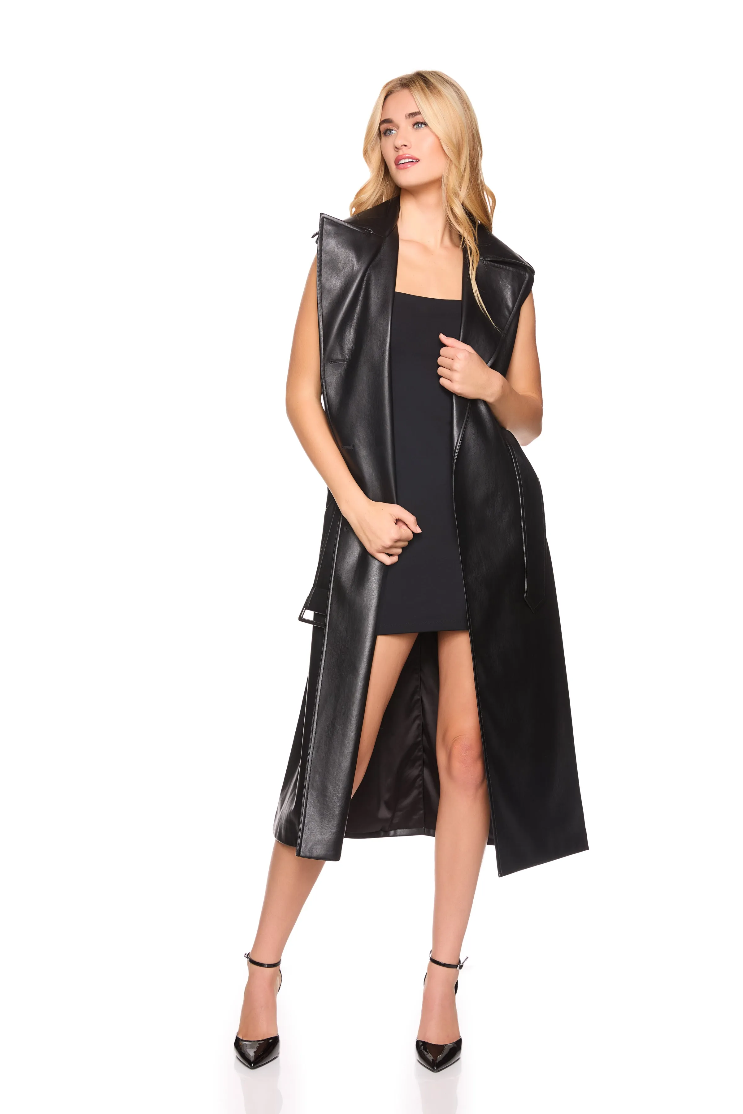 faux leather sleeveless trench