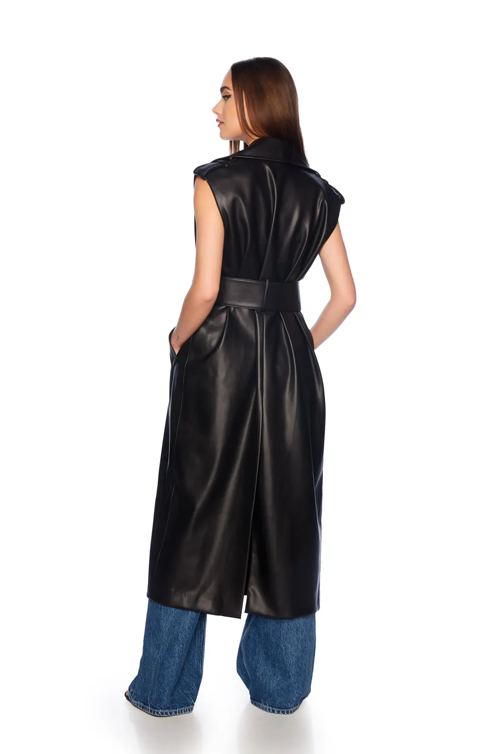 faux leather sleeveless trench