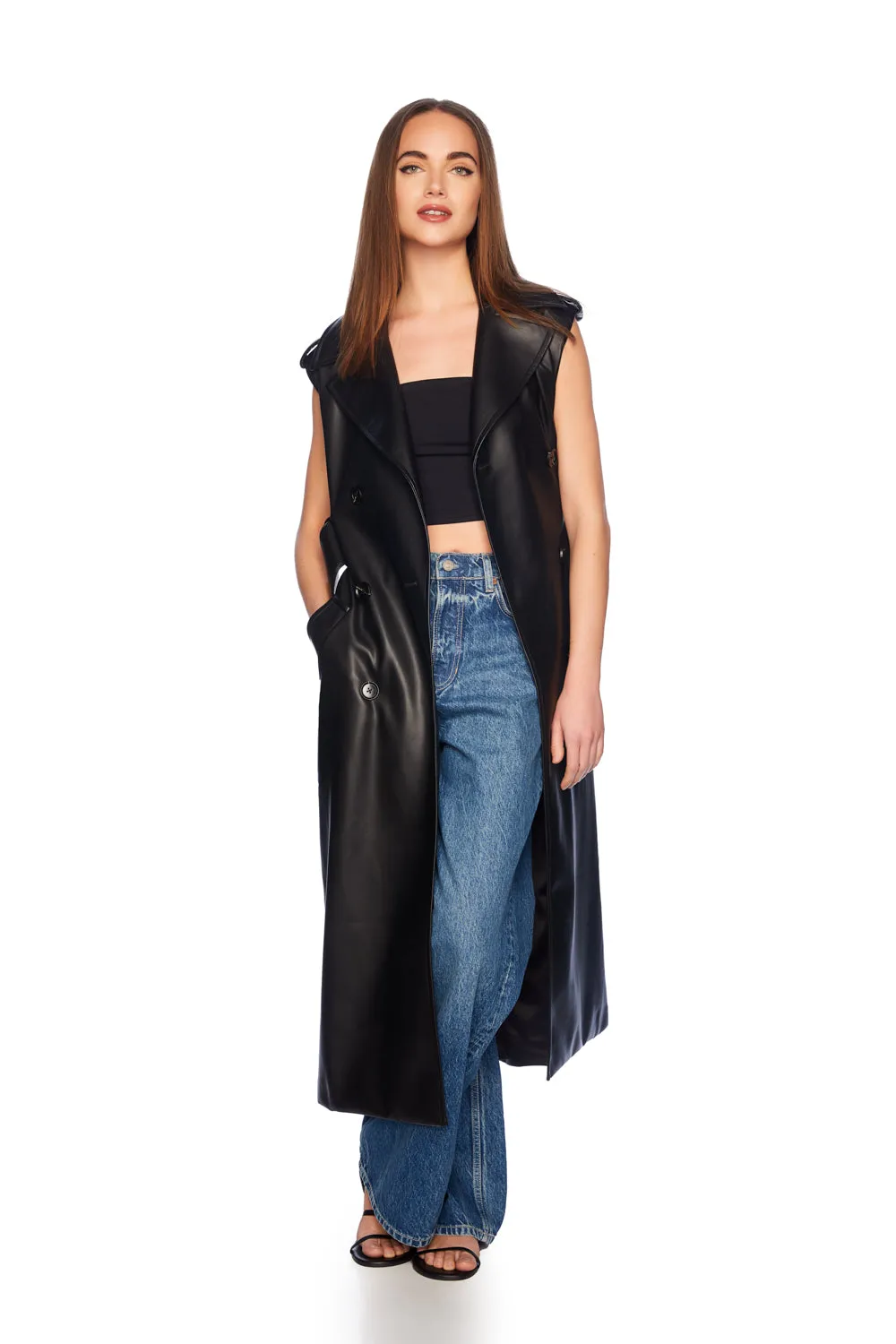 faux leather sleeveless trench