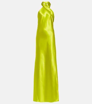 Galvan Satin Pandora Halter Neck Maxi Dress, Yellow