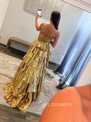 Gold Sweetheart Long Prom Dress Ruffles Ball Gown Long Evening Gowns SEW1256