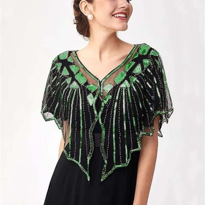 Great Gatsby 1920's Bridal Flapper Sequin Cape - Green