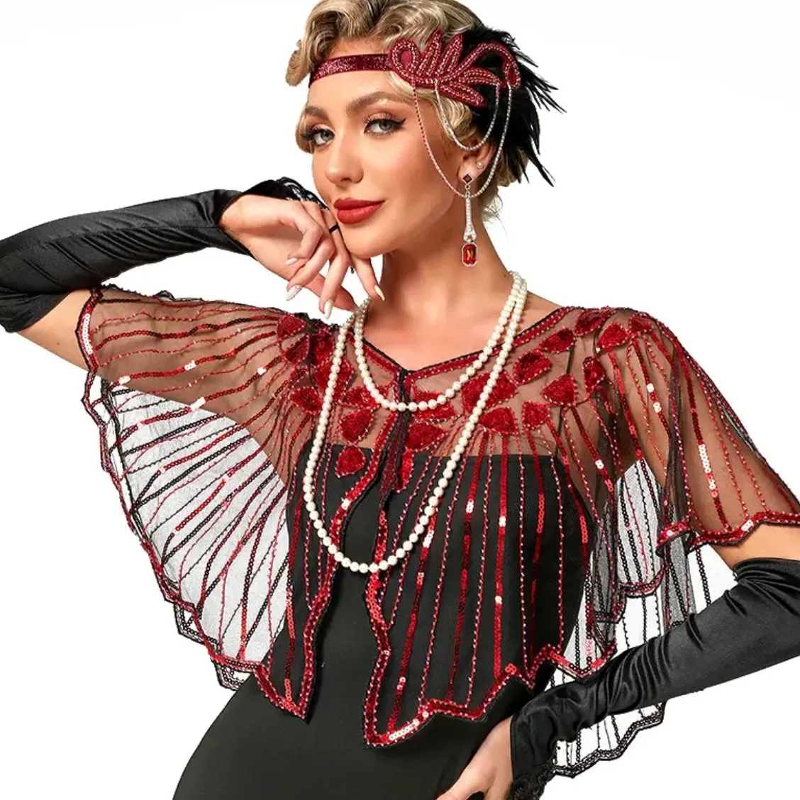 Great Gatsby 1920's Bridal Flapper Sequin Cape - Red