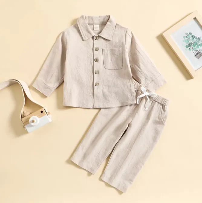 Hemp Cotton Long Sleeve Collar Shirt Pajamas with Pants