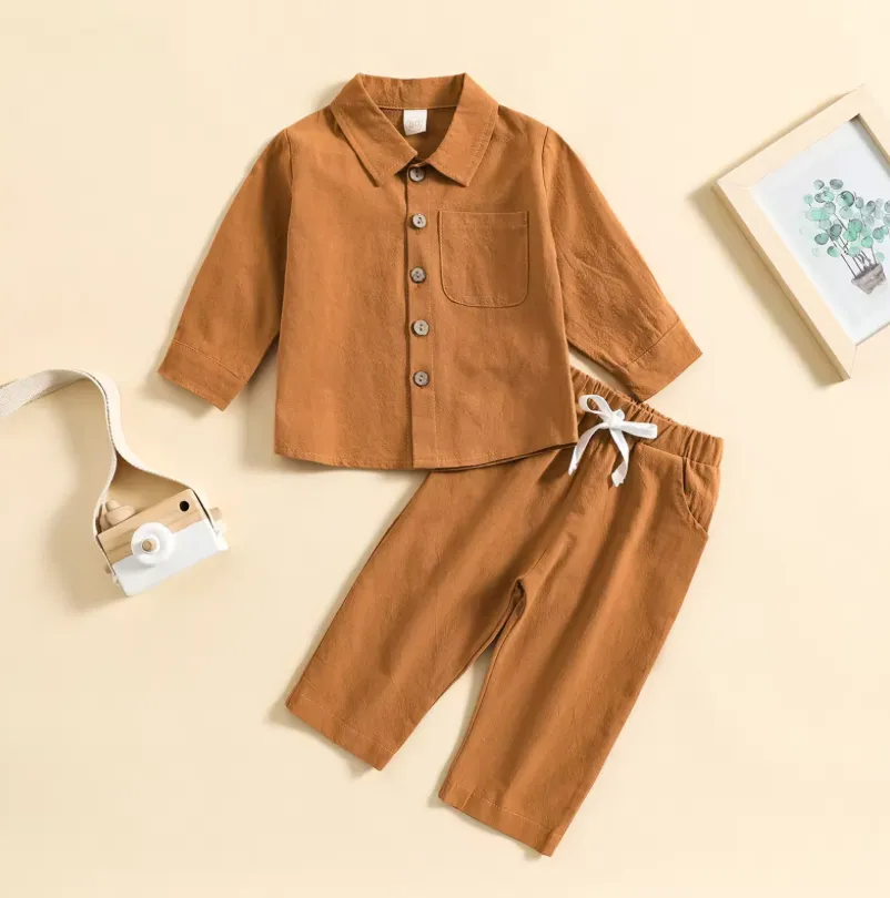 Hemp Cotton Long Sleeve Collar Shirt Pajamas with Pants