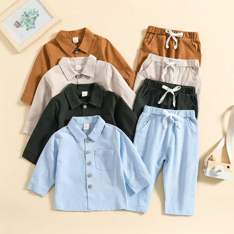 Hemp Cotton Long Sleeve Collar Shirt Pajamas with Pants