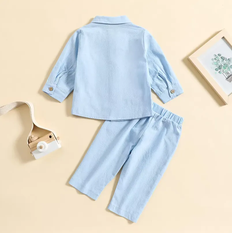 Hemp Cotton Long Sleeve Collar Shirt Pajamas with Pants