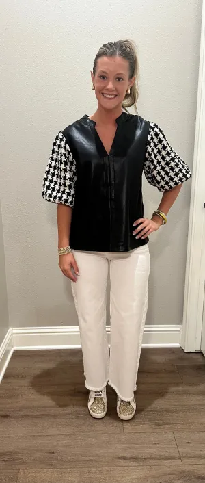 Houndstooth Sleeve Leather Top