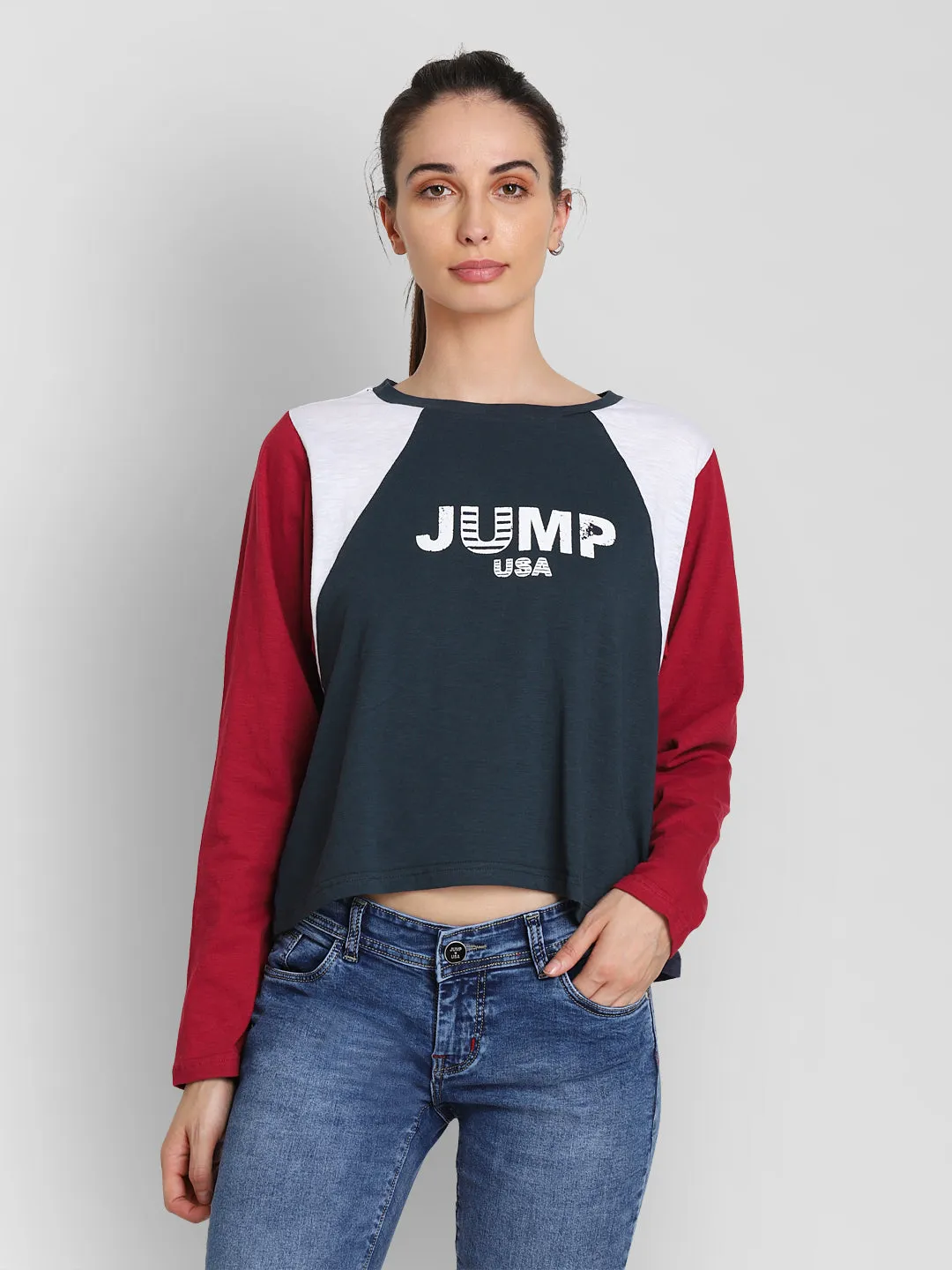 JUMP USA Women Navy Blue Self Design Crop Top