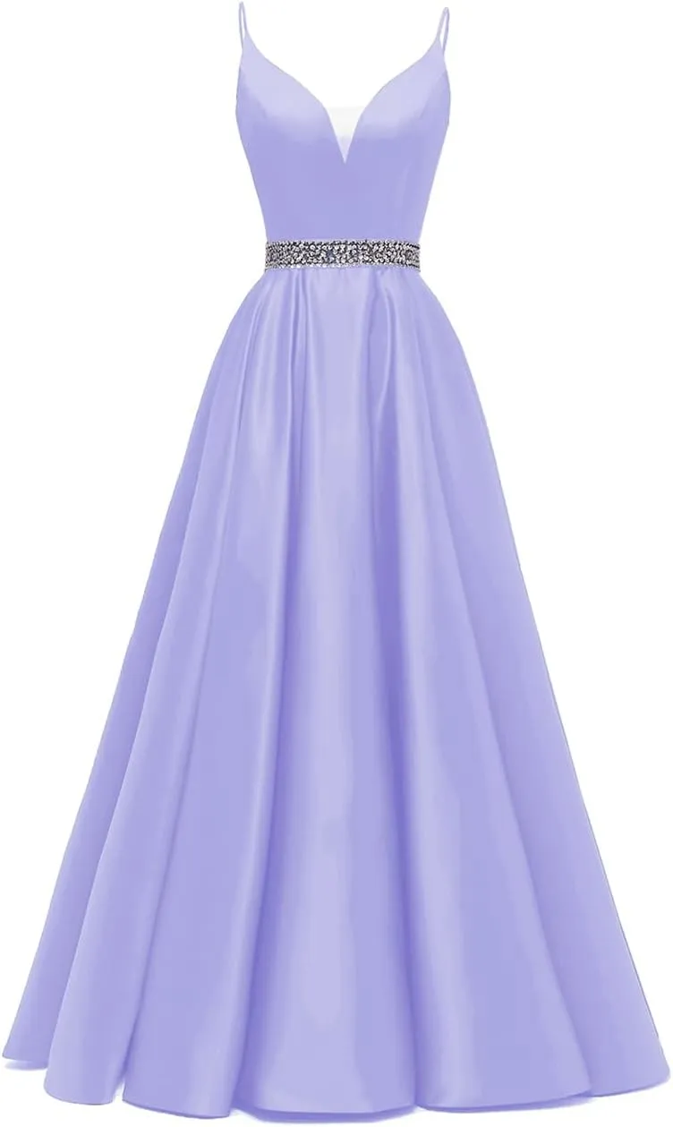 kamahe Spaghetti Straps Prom Dress Long Satin Beaded V-Neck Formal Evening Party Ball Gowns with Pockets