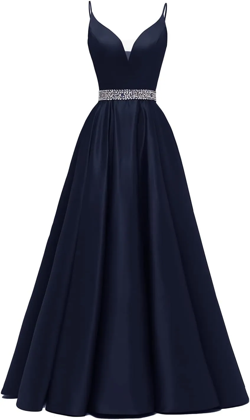 kamahe Spaghetti Straps Prom Dress Long Satin Beaded V-Neck Formal Evening Party Ball Gowns with Pockets