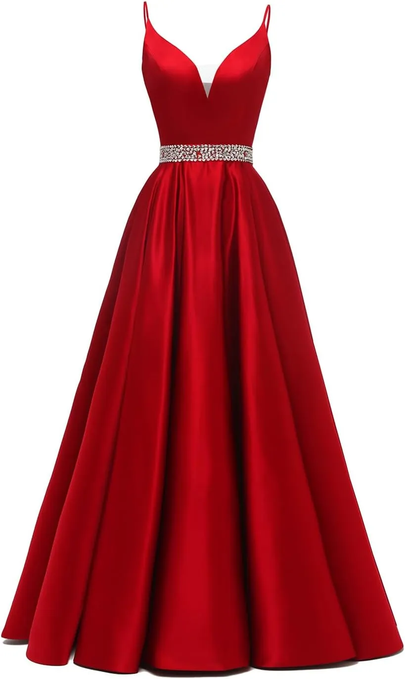 kamahe Spaghetti Straps Prom Dress Long Satin Beaded V-Neck Formal Evening Party Ball Gowns with Pockets