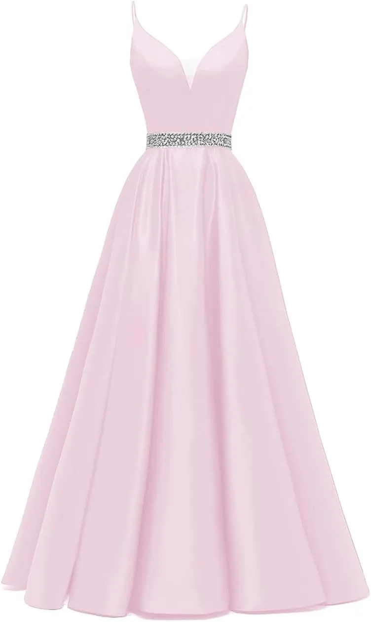 kamahe Spaghetti Straps Prom Dress Long Satin Beaded V-Neck Formal Evening Party Ball Gowns with Pockets