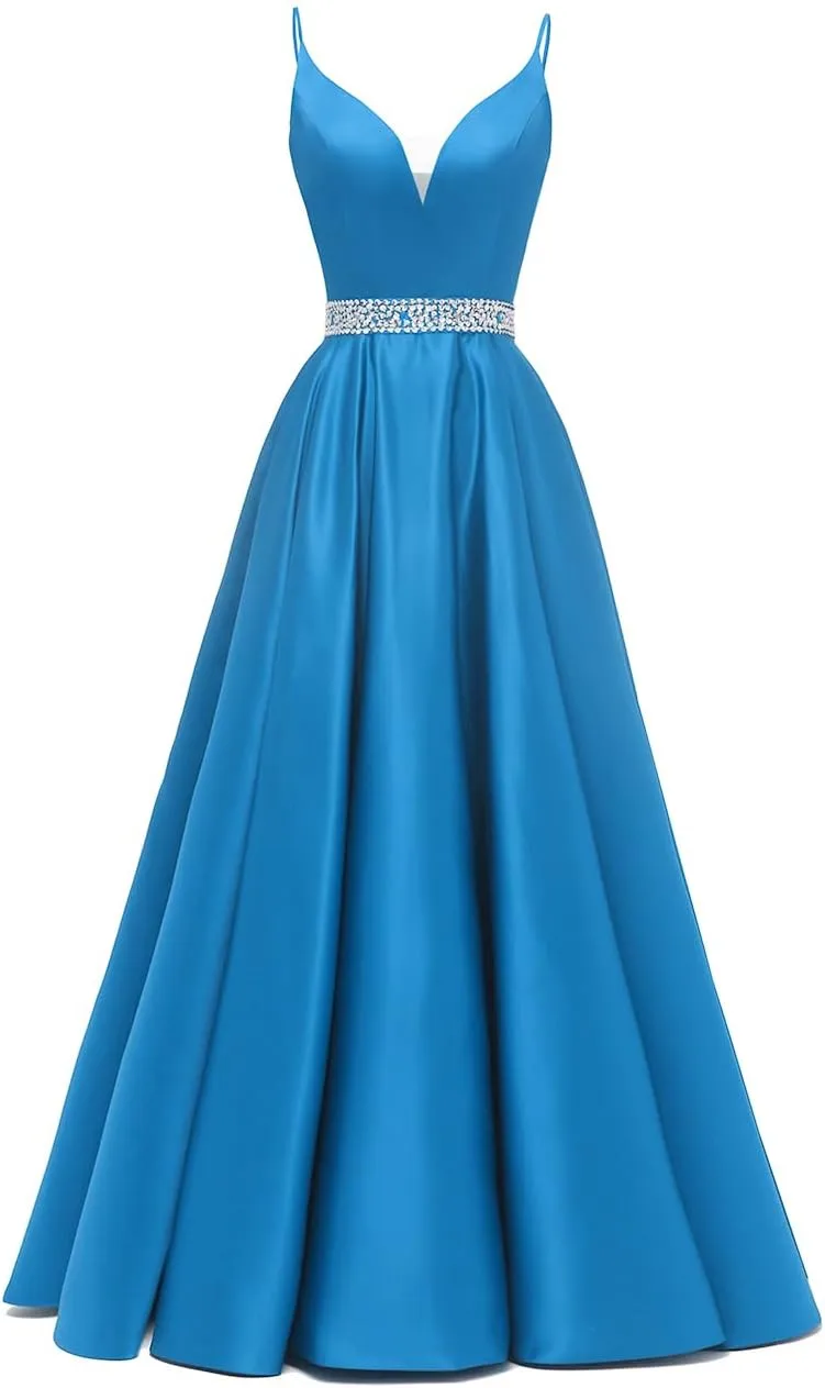 kamahe Spaghetti Straps Prom Dress Long Satin Beaded V-Neck Formal Evening Party Ball Gowns with Pockets