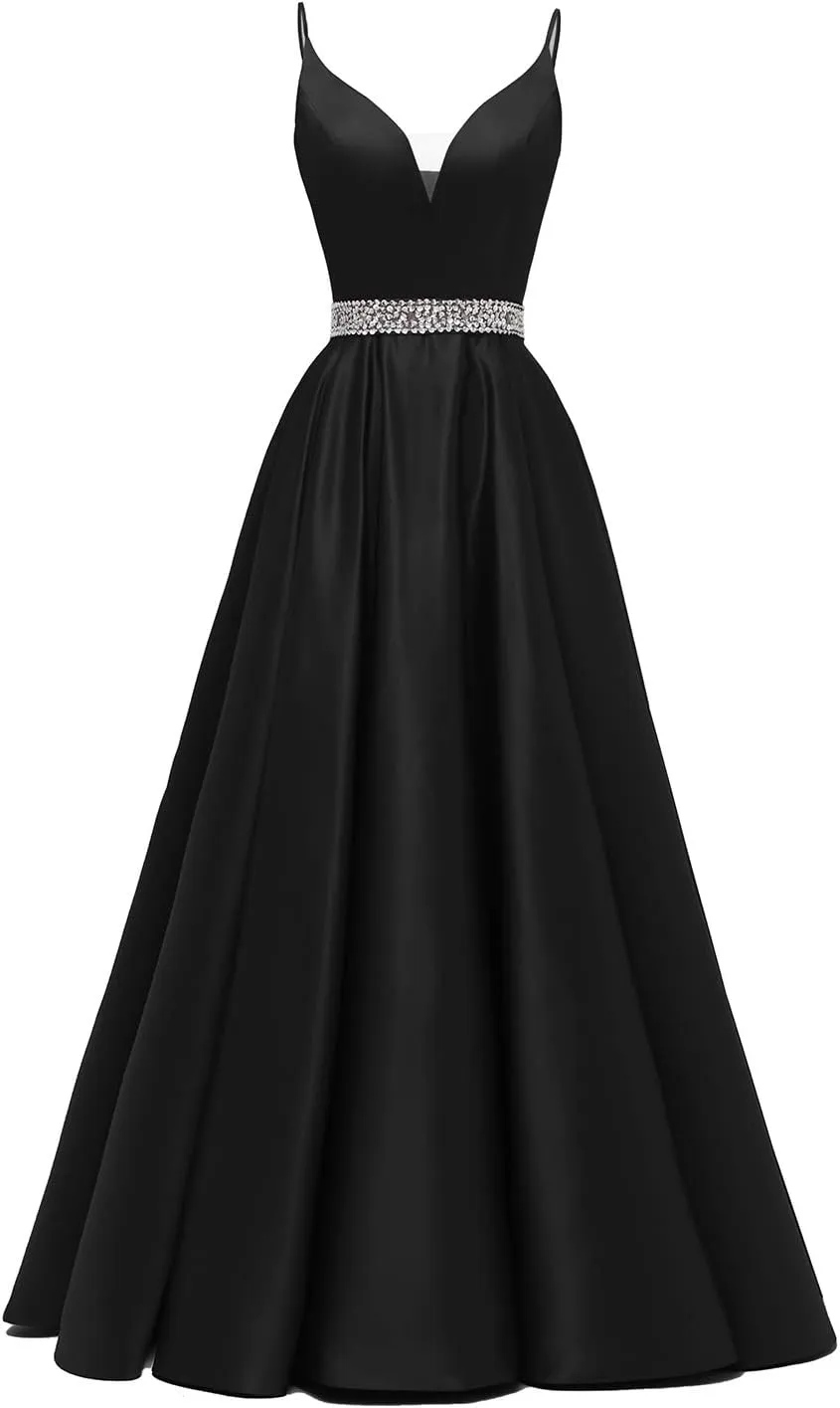 kamahe Spaghetti Straps Prom Dress Long Satin Beaded V-Neck Formal Evening Party Ball Gowns with Pockets