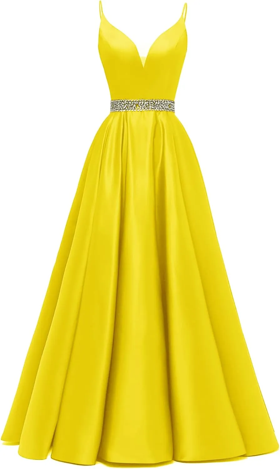 kamahe Spaghetti Straps Prom Dress Long Satin Beaded V-Neck Formal Evening Party Ball Gowns with Pockets